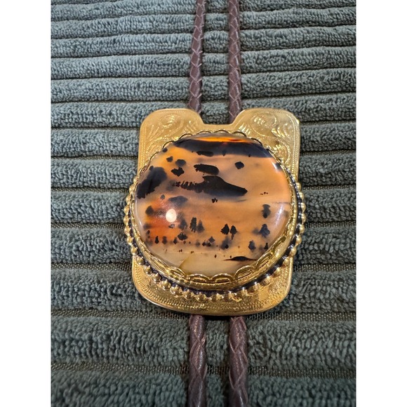 Vintage Western Bolo Tie Gold‎ Tone Metal Scenic Picture Jasper Stone Mens - Picture 3 of 11